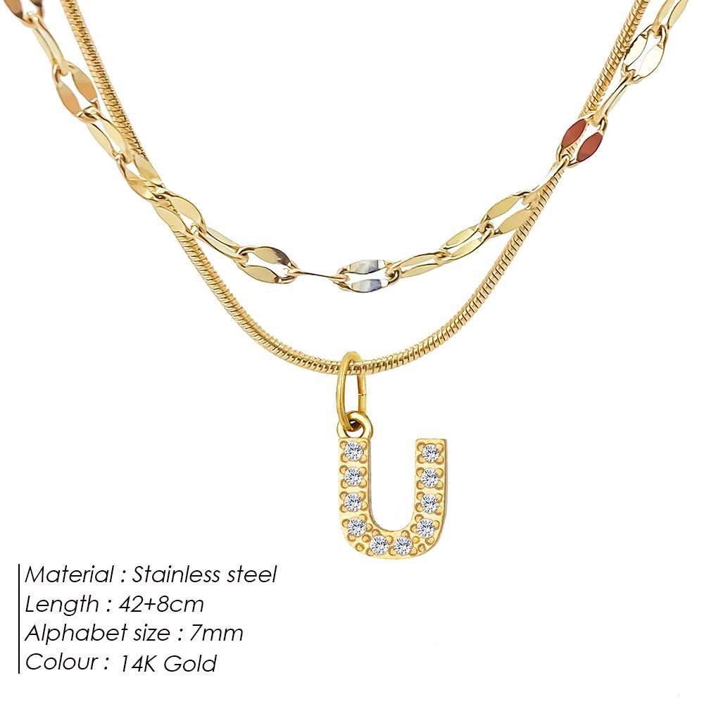 EMANCO Double Stainless Steel Round Snake Chain Necklace Light Luxury Zirconia Alphabet Pendant A-Z High-end Fashion Jewelry