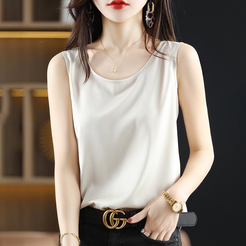 Satin Silk Vest Summer Women's Vest Pullover Short Top Sleeveless Vest Round Neck Solid Color Camisole