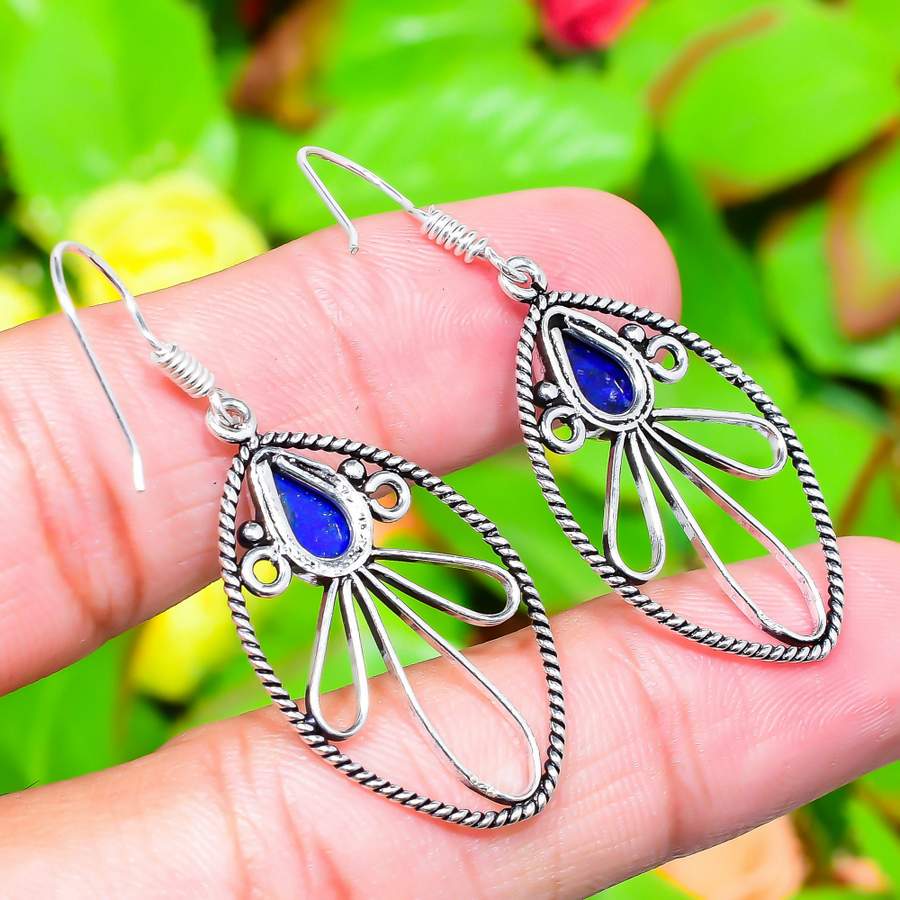 Lapis Lazuli Gemstone Handmade 925 Sterling Silver Jewelry Earring 2.01" P6U88