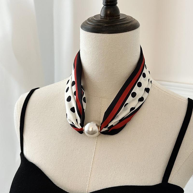 Pearl Necklace Women's Magnetic Buckle Silk Scarf High-end Spring and Summer New Niche Wear Printed Silk Scarf Scarf