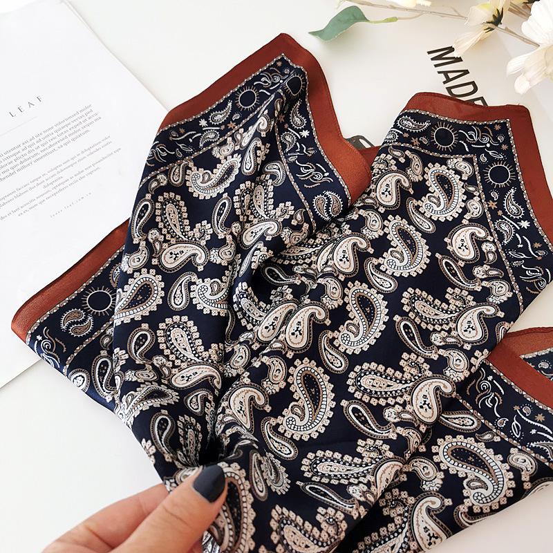 Retro Stylish Deep Blue Paisley Silk Scarf - Lightweight, Small Square for Neck Protection