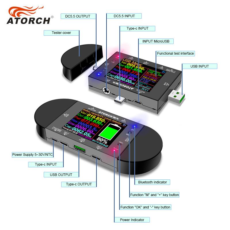 UD24 2.4"inch USB tester DC5.5 Type-C digital voltmeter ammeter power bank voltage detector volt QC PD electric meter for APP