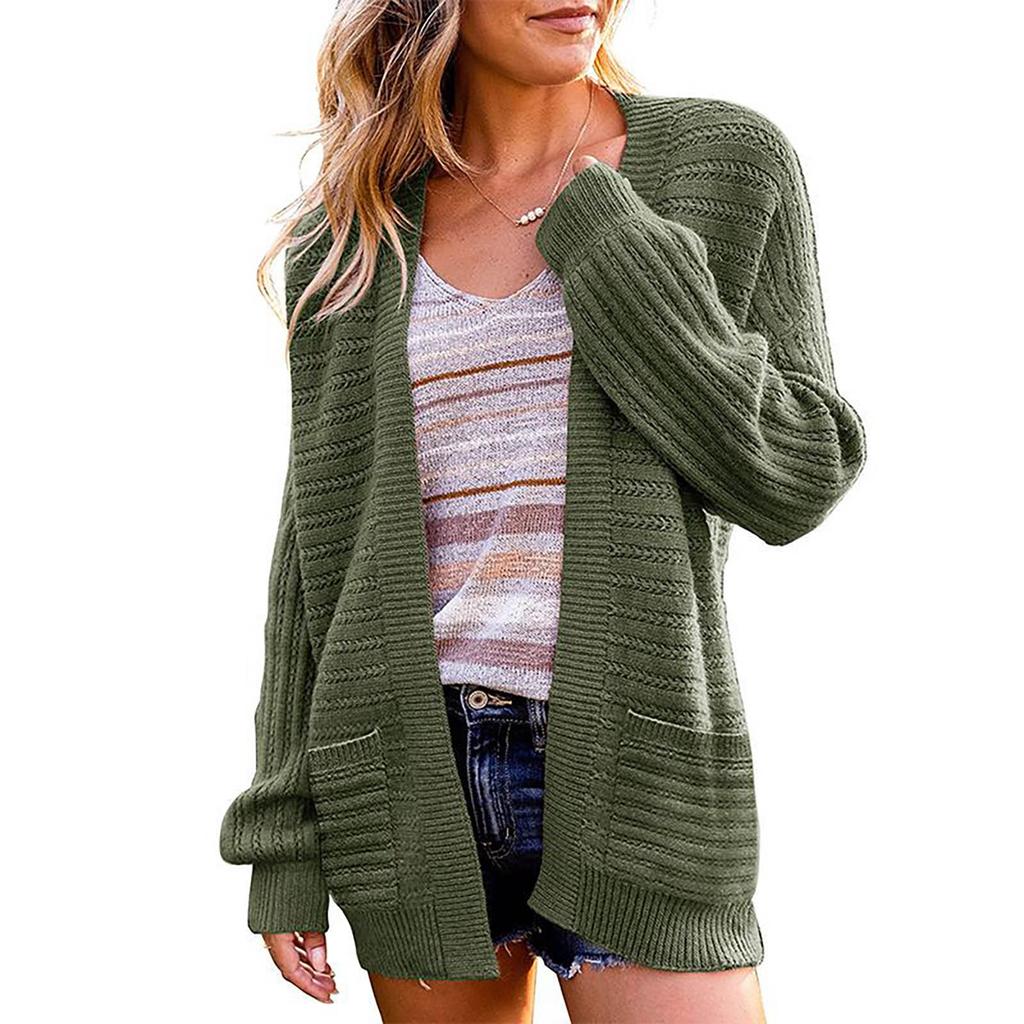 Women's Cardigan Solid Color Knit Sweater Cutout Knit Sweater Jacket With Pockets