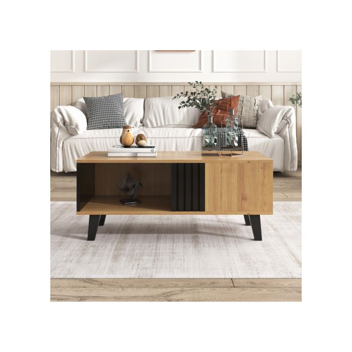 Table basse - MUVOE - 100x60x45 cm - Bois coloré et noir - Tiroir supplémentaire