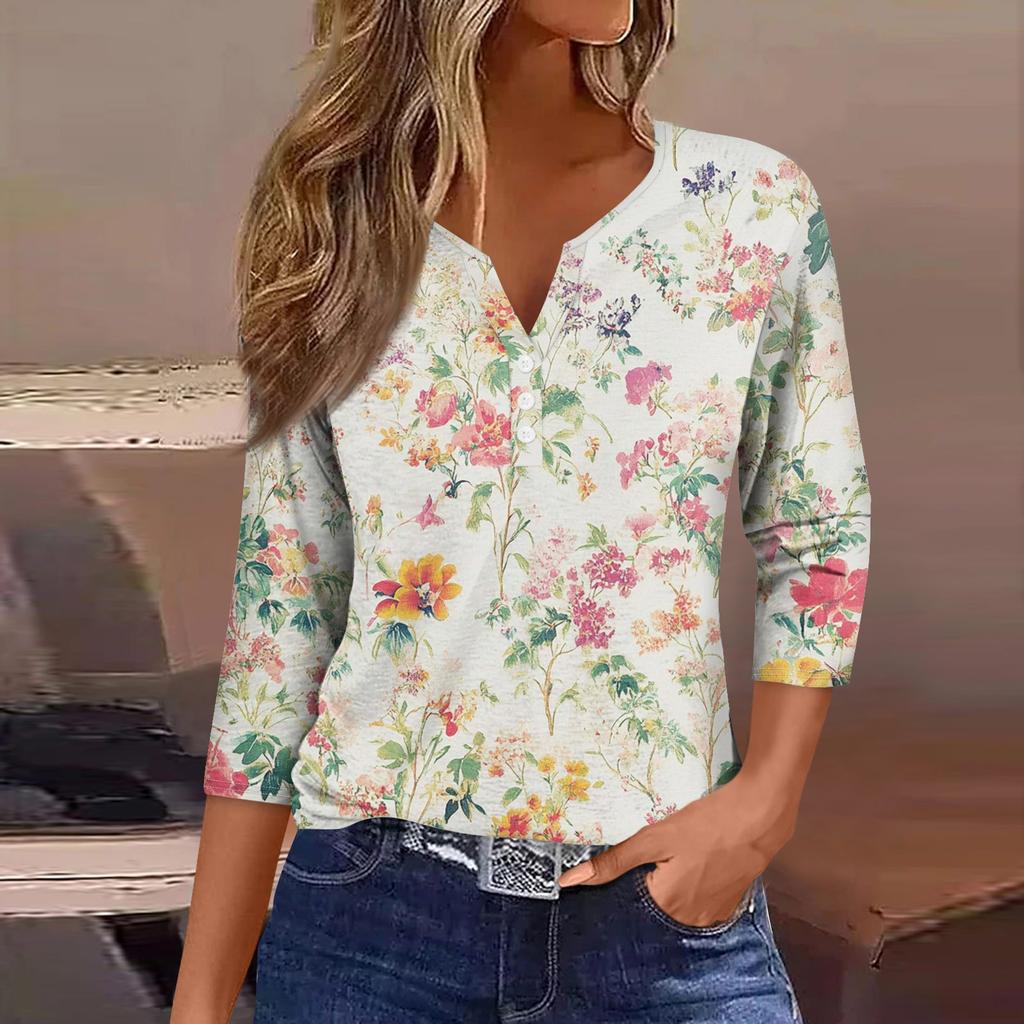 Женская модная повседневная футболка с коротким рукавом и V-образным вырезом, декоративными пуговицами и рукавом три четверти