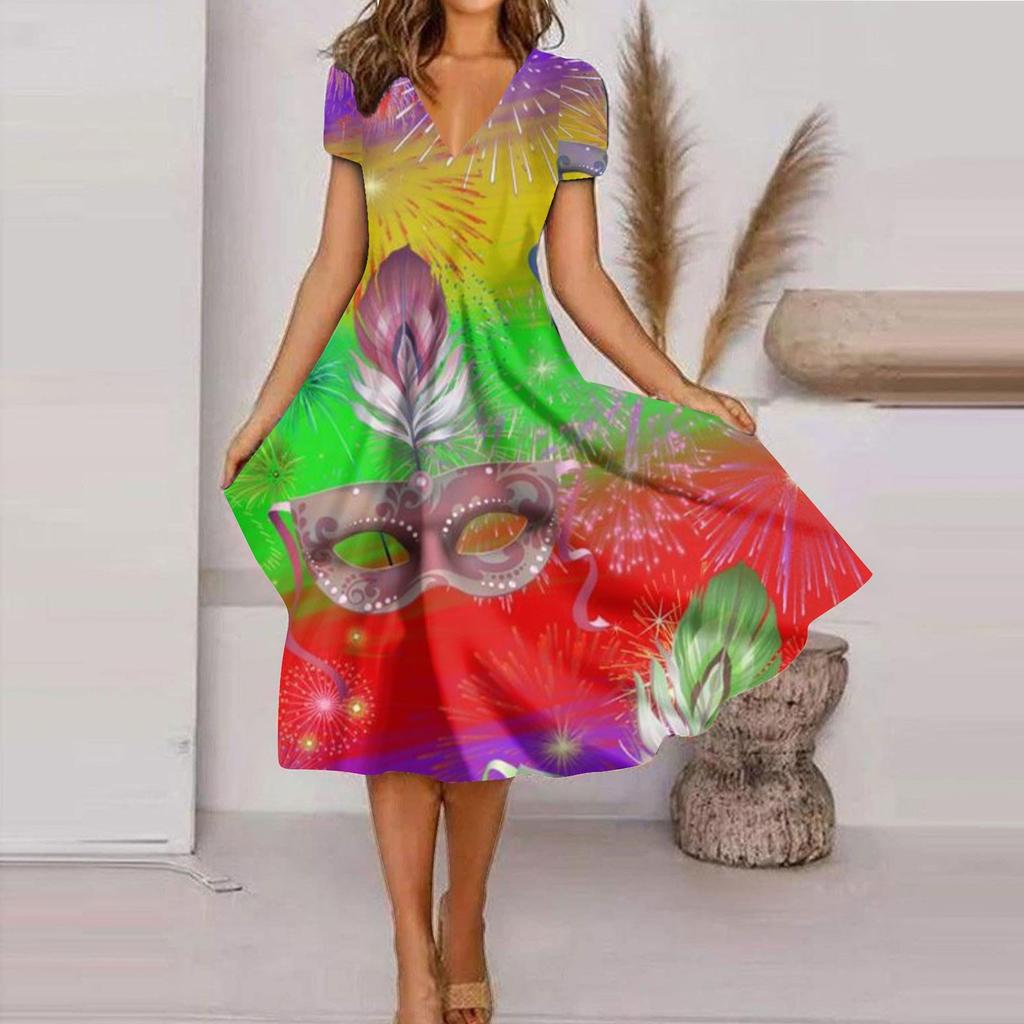 Women's Summer Casual Fashion Print Short Sleeve V-Neck Swing Dress