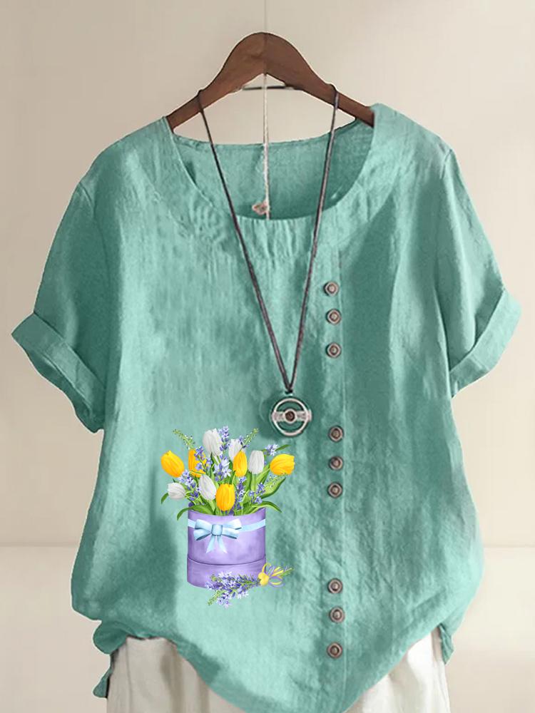 Women's Fashion Multi Colored Flowers Print Shot Sleeve T-shirt Loose Cotton Shirt Casual Loose Summer Blouse Tops Plus Size