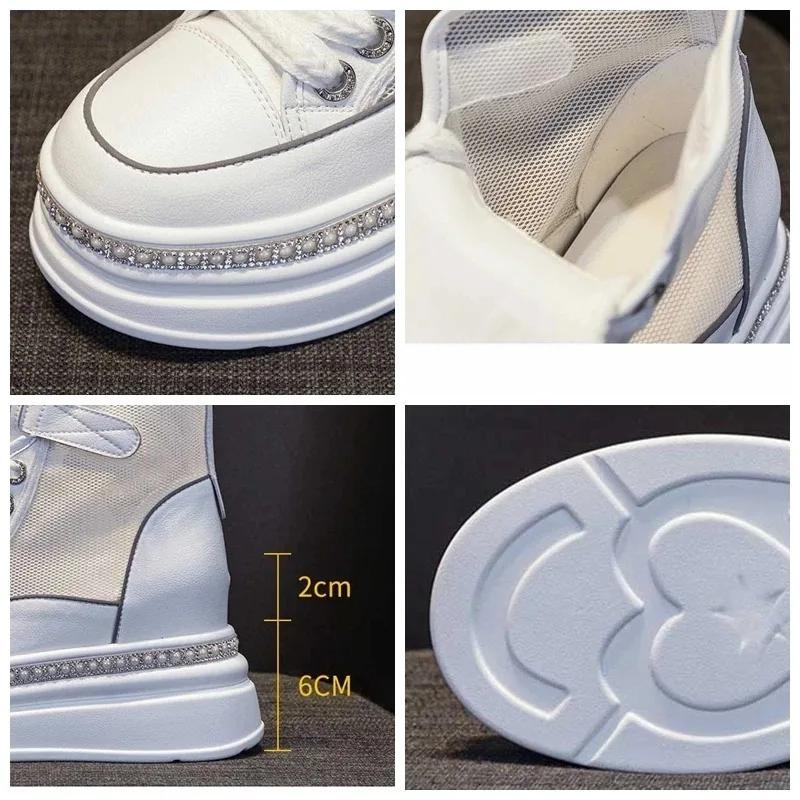 Fashion 8cm Air Mesh Summer Breathable Motorcycle Ankle Boots Spring Genuine Leather Shoes Ladies Hollow Boots Woman Fashion Sandals