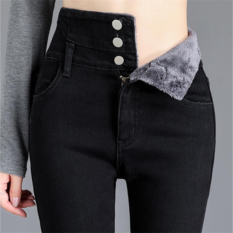 Зимние толстые флисовые теплые узкие брюки-карандаш для мам, джинсы, женские повседневные уличные брюки с высокой талией, женские синие джинсовые брюки