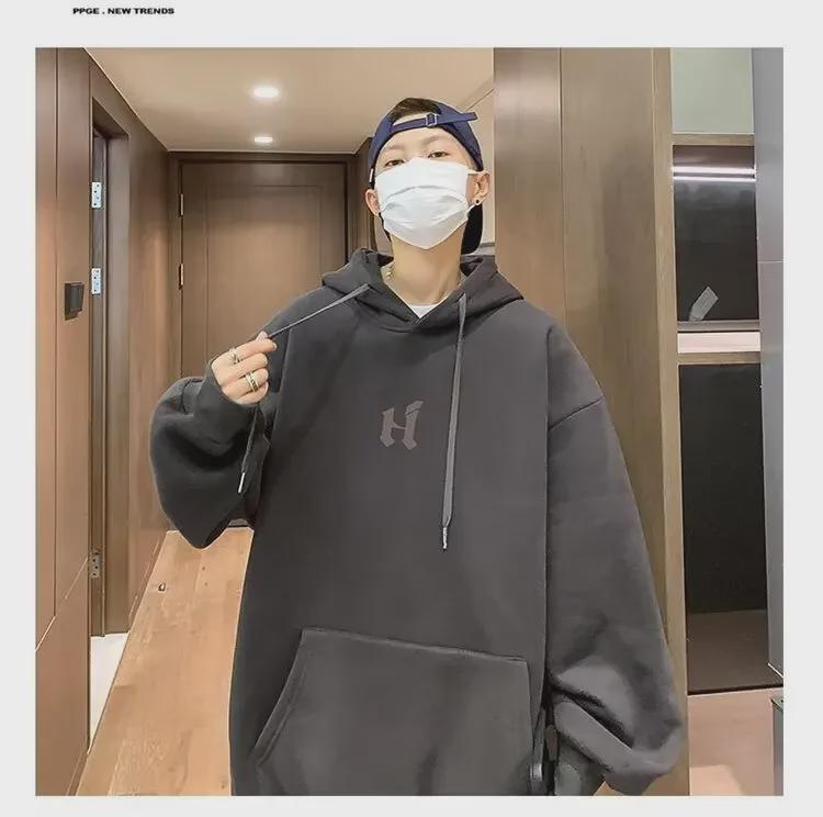 Мужская толстовка с капюшоном из японского бархата больших размеров — модная и свободная на осень/зиму