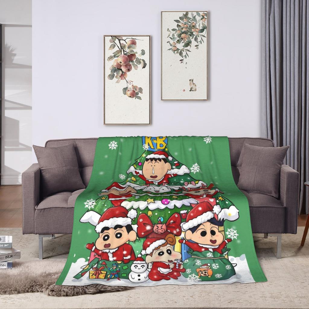 Crayon Shin-chan joyfully dress up the Christmas tree Blanket  Travel Flannel Throw Blanket For Living Room Warm Bedspread Gift