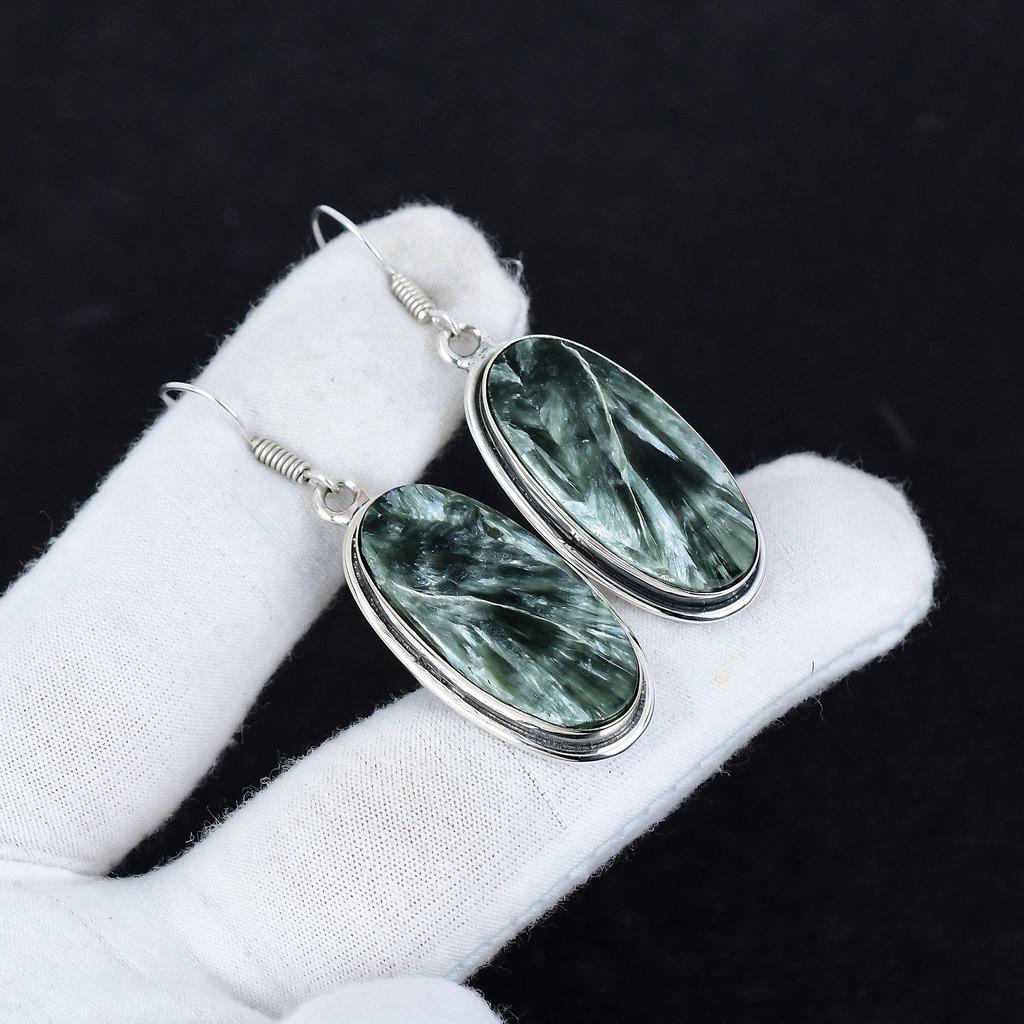 Серьги из натурального драгоценного камня серафинит, старинные серьги из стерлингового серебра 925 пробы, серьги-подвески из серебра в стиле бохо, подарки для женщин, подарки для нее