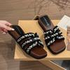 Pearl Hollow Open-toed Wedge Heel One-word Fashion Casual Sandals Summer Retro Low-heeled Slippers Women's Outerwear