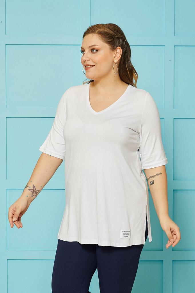 Женская стильная футболка большого размера, свободная базовая футболка с v-образным вырезом