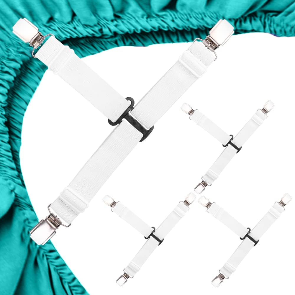 MENDENG Bed Sheet Straps Queen Fitted Sheet Straps Sheet Holders for Corners King Size Mattress Straps Suspenders Gripper White 4P