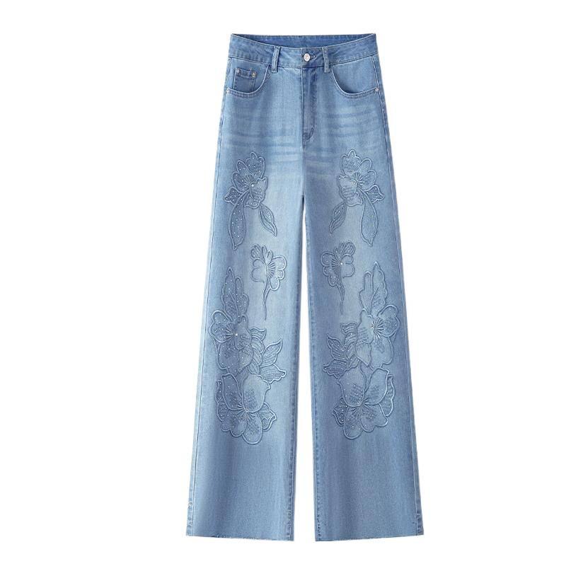 Blue flower embroidered wide-leg jeans women's summer new high-waisted and thin loose floor-mopping straight-leg pants