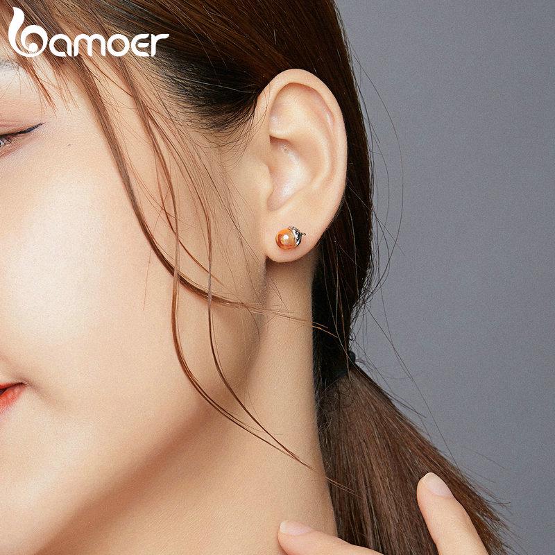 Bamoer Stud Earrings for Women 925 Sterling Silver Oxidized Silver Ear Studs Shining Acorns Engagement Statement Jewelry