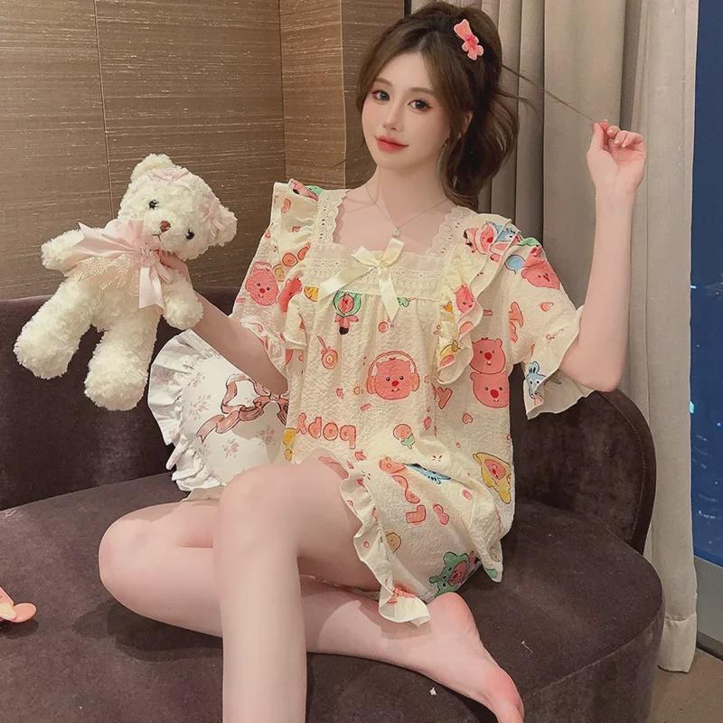 Plus Size Women's Bubble Cotton Summer Pajama Set: Short-Sleeved Top and Shorts, Fits Up To 200 Pounds