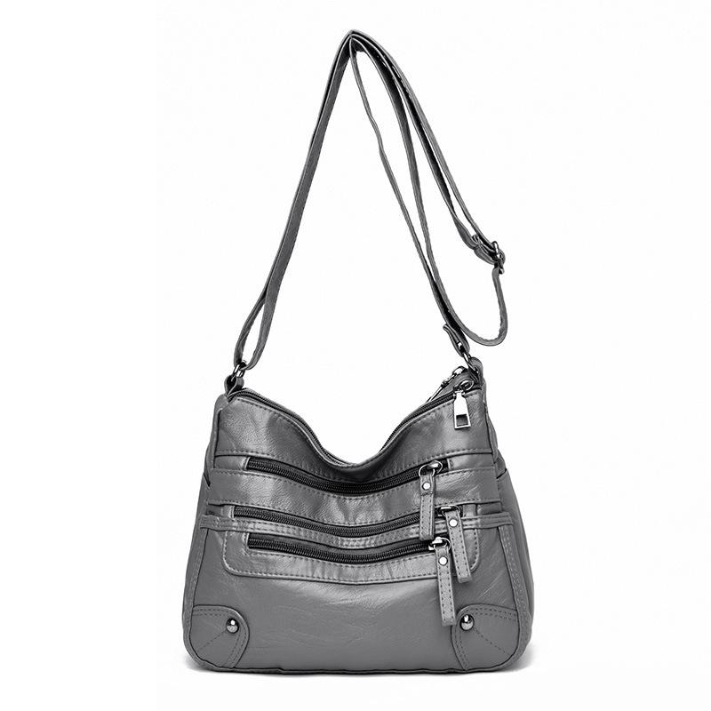 Solid Color Multi Zipper Bag Vintage Soft Leather Shoulder Bag Casual Crossbody Purse For Work