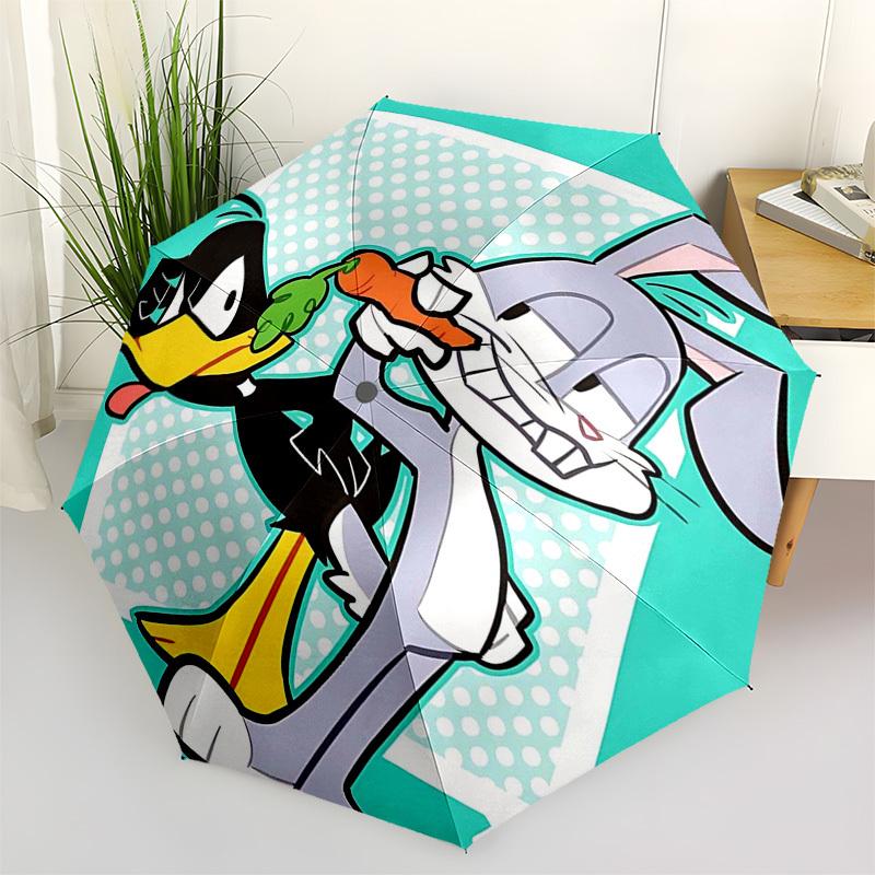 1 шт. Зонт для улицы Looney Tunes Багз Банни и Даффи Дак - Автоматическое открытие/закрытие, Портативная 3-складная конструкция, Железный каркас с 8 ребрами, Идеальный подарок для поклонников,