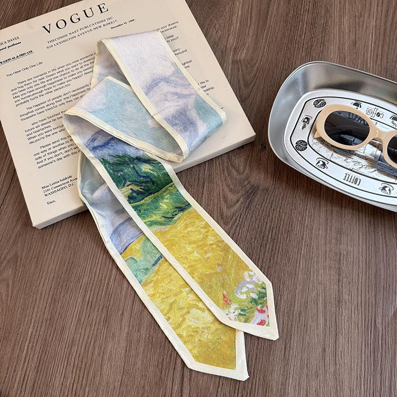 Silk Scarf Long Strip High Sense Spring and Summer Versatile Oil Painting Headscarf Headband Tied Bag Streamer Decorative Scarf Multi-purpose Belt