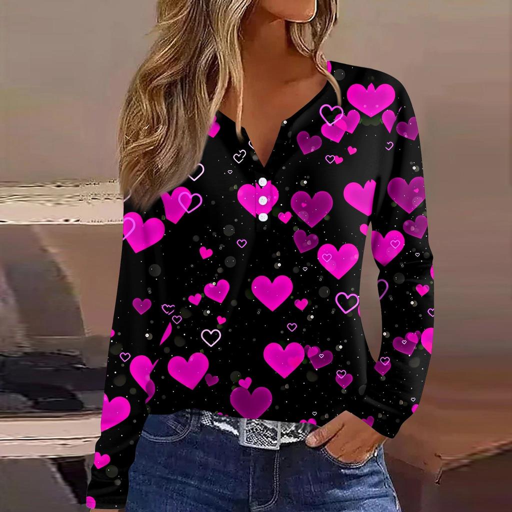 Женская футболка с принтом ко Дню святого Валентина, туника с длинным рукавом и пуговицами, повседневная мода на выходные, базовый топ с V-образным вырезом