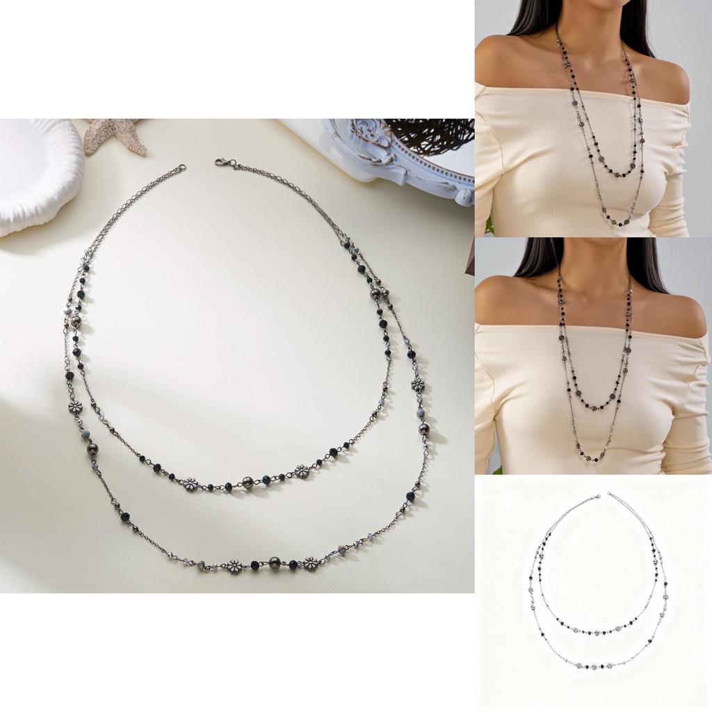 Trendy Double Chain Floral Pendant Necklace For Women Long Layered Summer Accessory