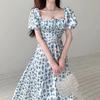 Women’s Blue Floral Summer Dress with Slit, One-Shoulder, Clavicle-Highlighting French Tea Break Style