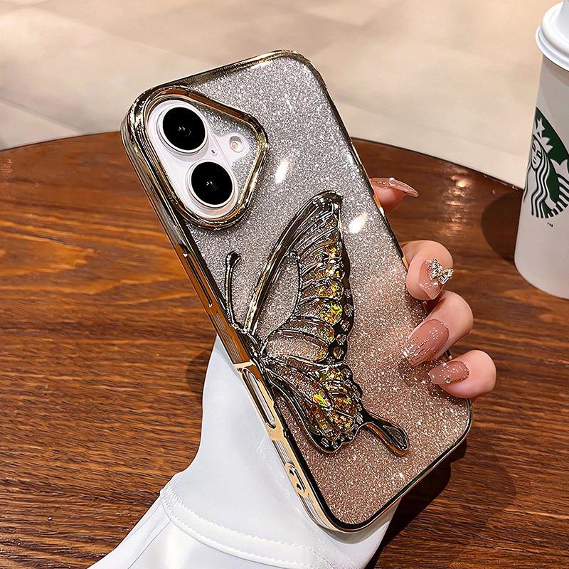 Cartoon Butterfly Glitter Quicksand Case for iPhone 16 15 14 13 Pro Max Plus 11 12 Plating Gradient Bling Camera Film Soft Cover