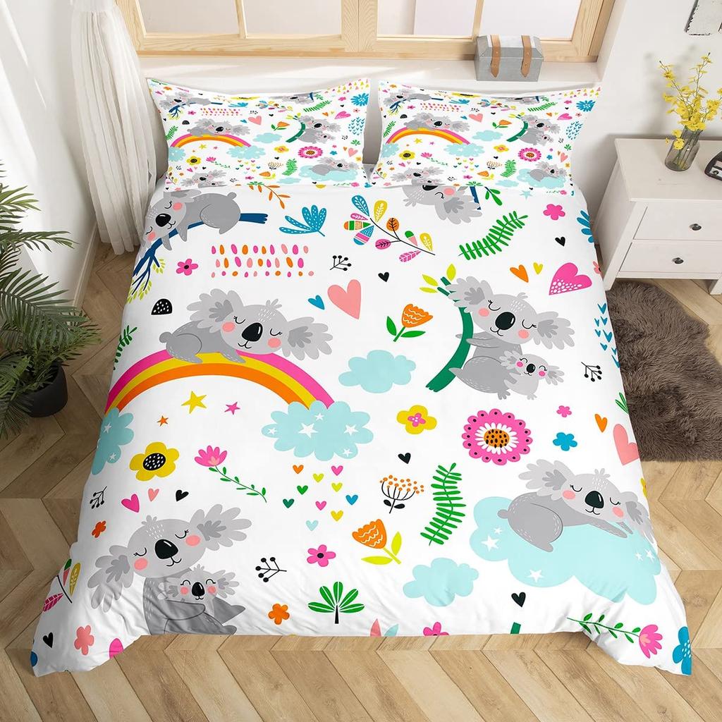 Koala Duvet Cover Set Blooming Floral Branch Bear Comforter Palm Tree Leaf Wildlife Cartoon Polyester Quilt