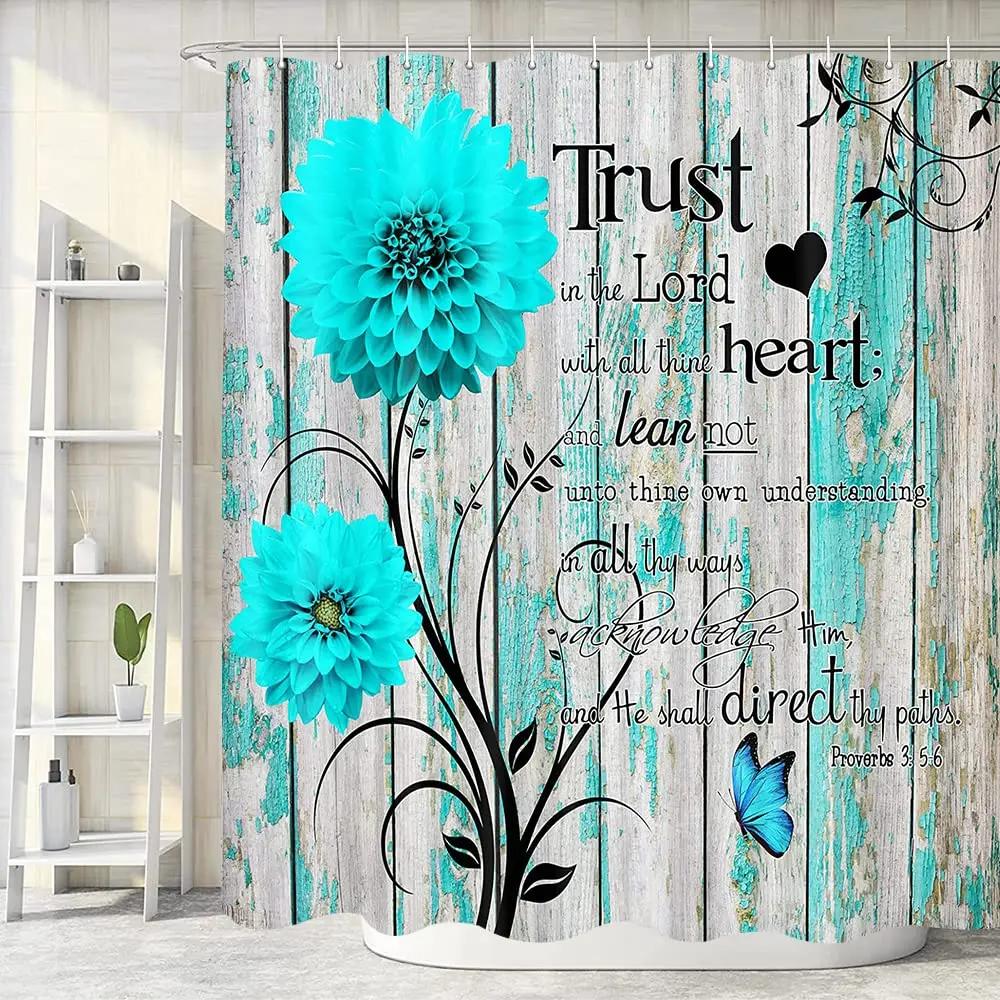 Inspirational Quote Shower Curtain Bible Verse Motivational Quote Bath Curtain Ink Paint Pink Teal Marble Abstract Bathtub Decor