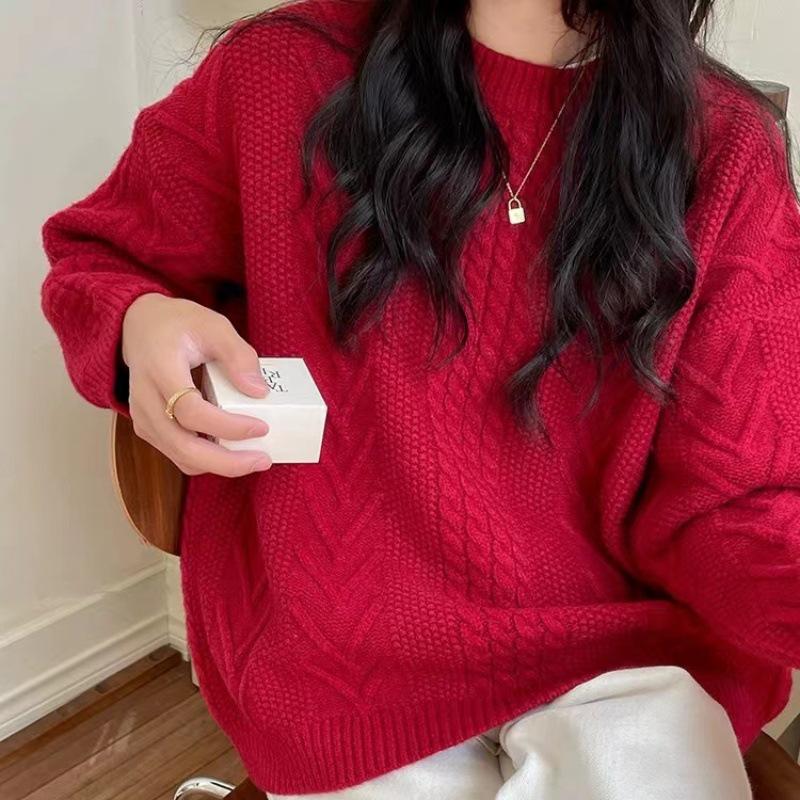 2024 Zodiac Year Women's Red Wool Cable Knit Slimming Pullover Sweater