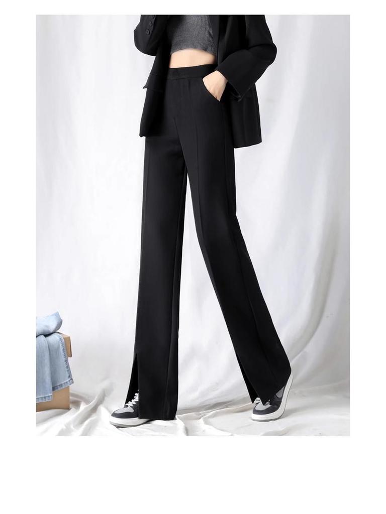 Женские брюки-костюмные микроклеш с разрезом и широкими штанинами с высокой посадкой на осень 2024 года - Универсальные, стройнящие, повседневные брюки