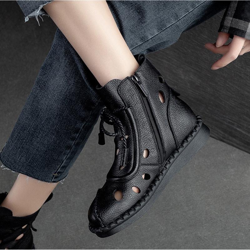 Johnature Women Shoes Summer Sandals Genuine Leather Round Toe Lace-up Handmade Retro Breathable Hollow-out Boots