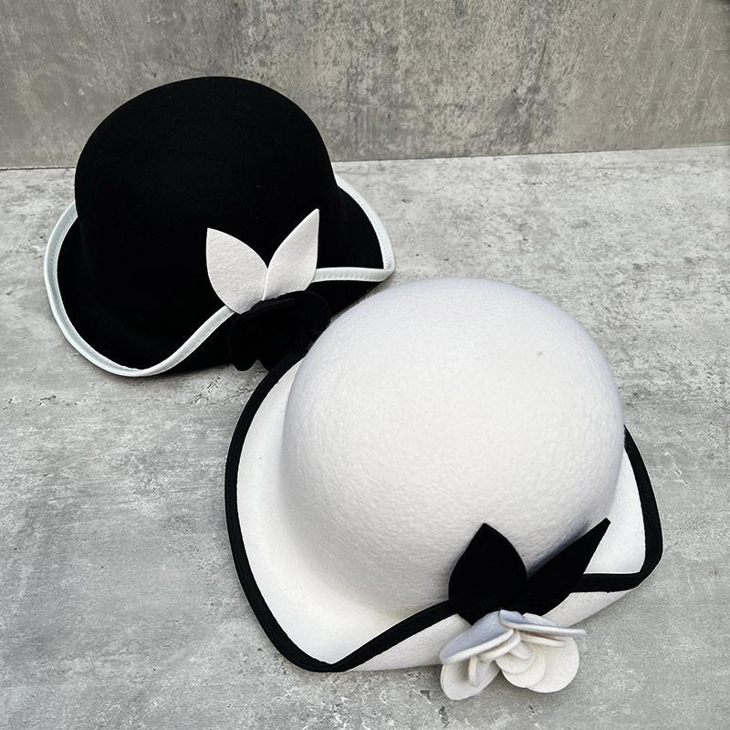 Шерстяная шляпа-ведро в стиле Хепберн, женская, французская, ретро, элегантная, шляпа-горшок с камелией, контрастная отделка, универсальная шляпа-топ