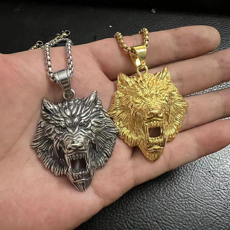 Stainless Steel Nordic Viking Wolf Head Titanium Steel Pendant Gold Plated Necklace