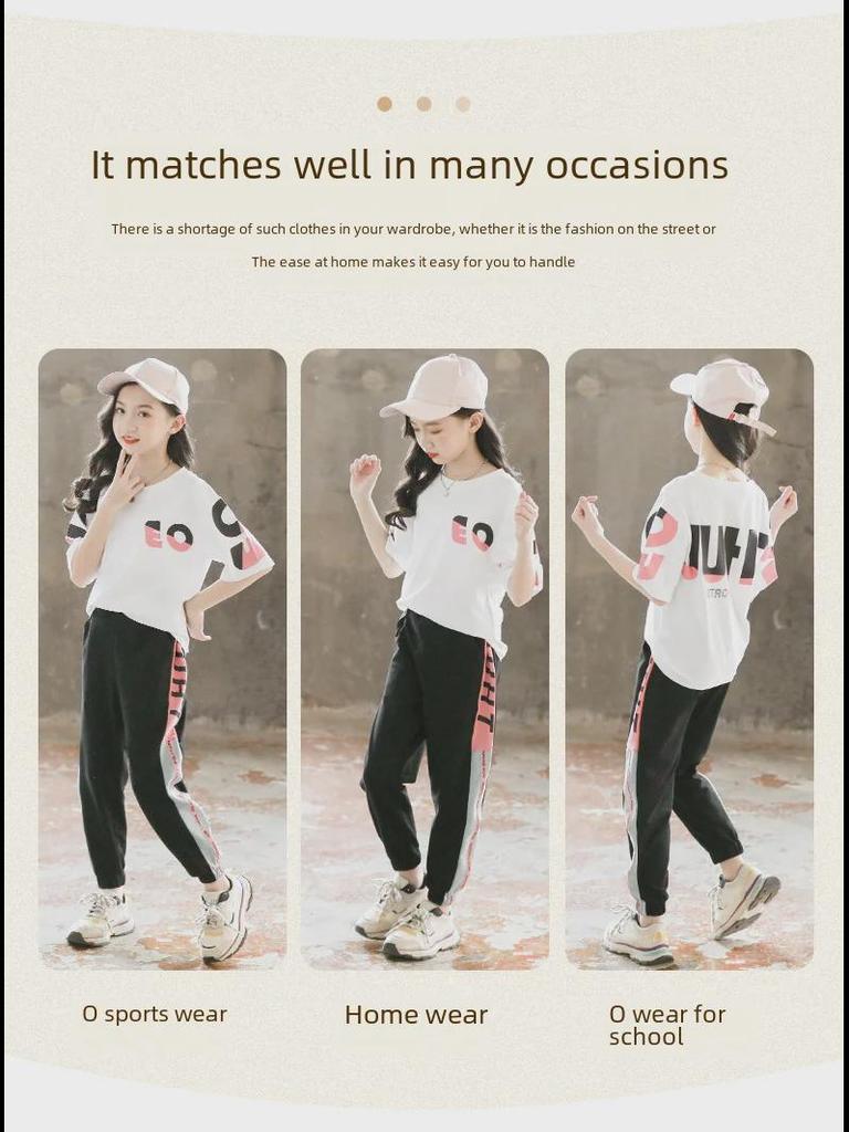 Новый летний спортивный костюм из двух частей для девочек: Топ и брюки с коротким рукавом для детей среднего и большого размера