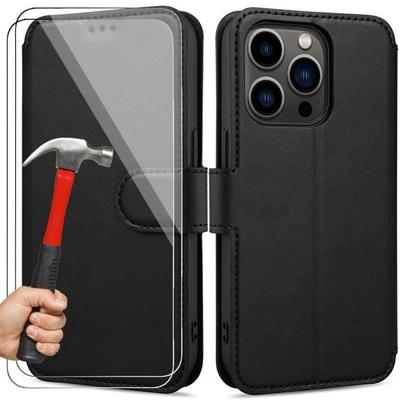 Чехол + Закаленное Стекло - для iPhone 14 Pro - Черный - Защита 360 - Эффект Кожи - Защита от Царапин