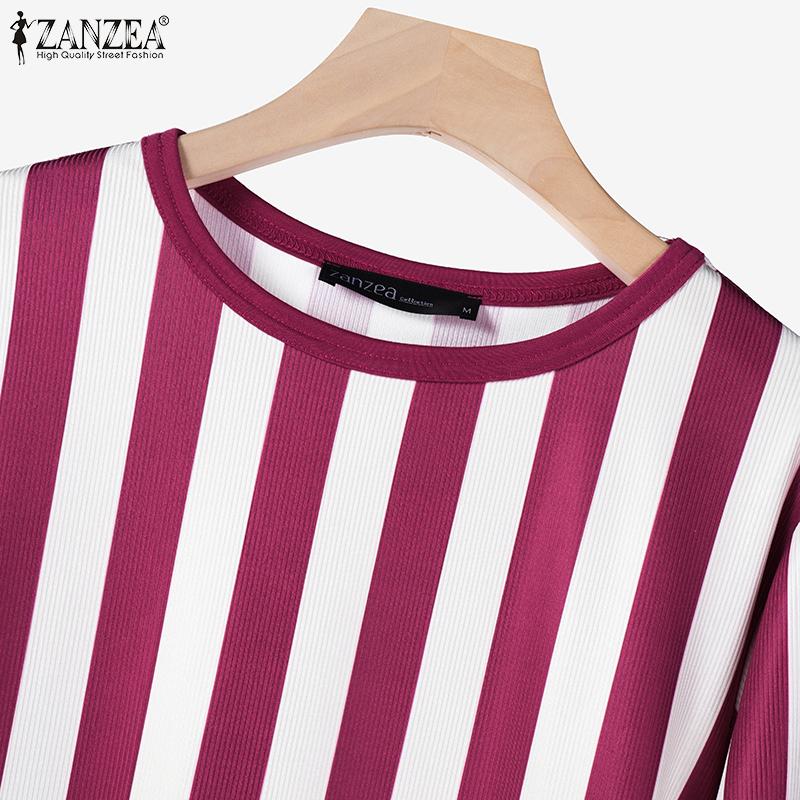 ZANZEA Женский осенний комплект из полосатой футболки с круглым вырезом и длинными рукавами и брюками