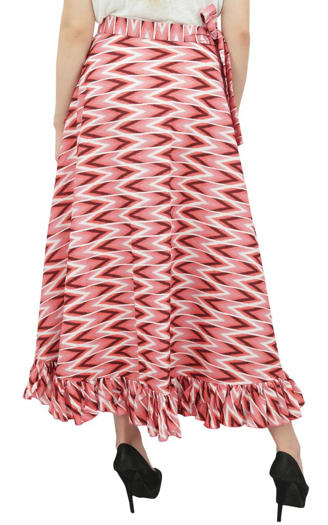 Phagun Cotton Ruffled Self Belt Ikat Printed Women's Wrap Hippie Skirt-Blue