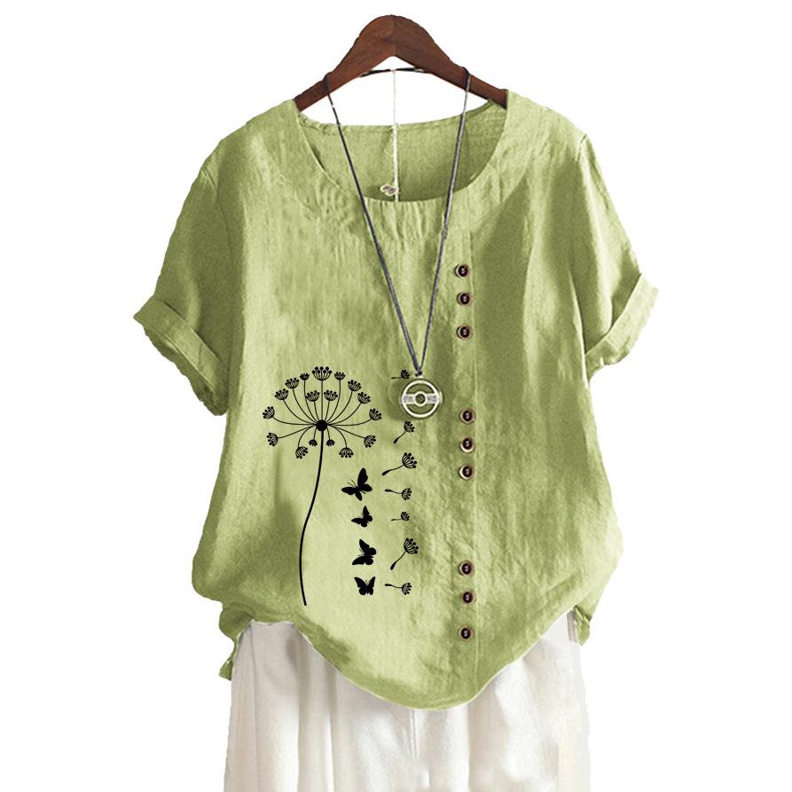 Женская модная хлопковая льняная блузка на лето и осень с круглым вырезом и коротким рукавом, повседневная свободная футболка с цветочным принтом