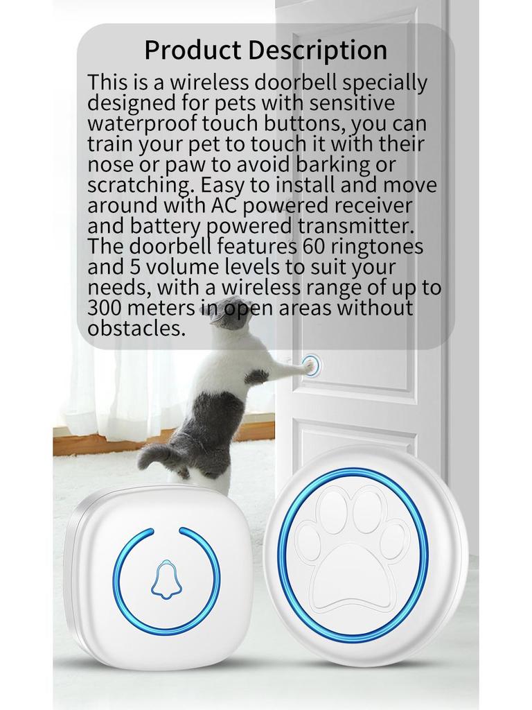 Умный водонепроницаемый беспроводной дверной звонок для собаки: Сенсорный звонок с 1 приемником и 1 передатчиком для дрессировки питомцев