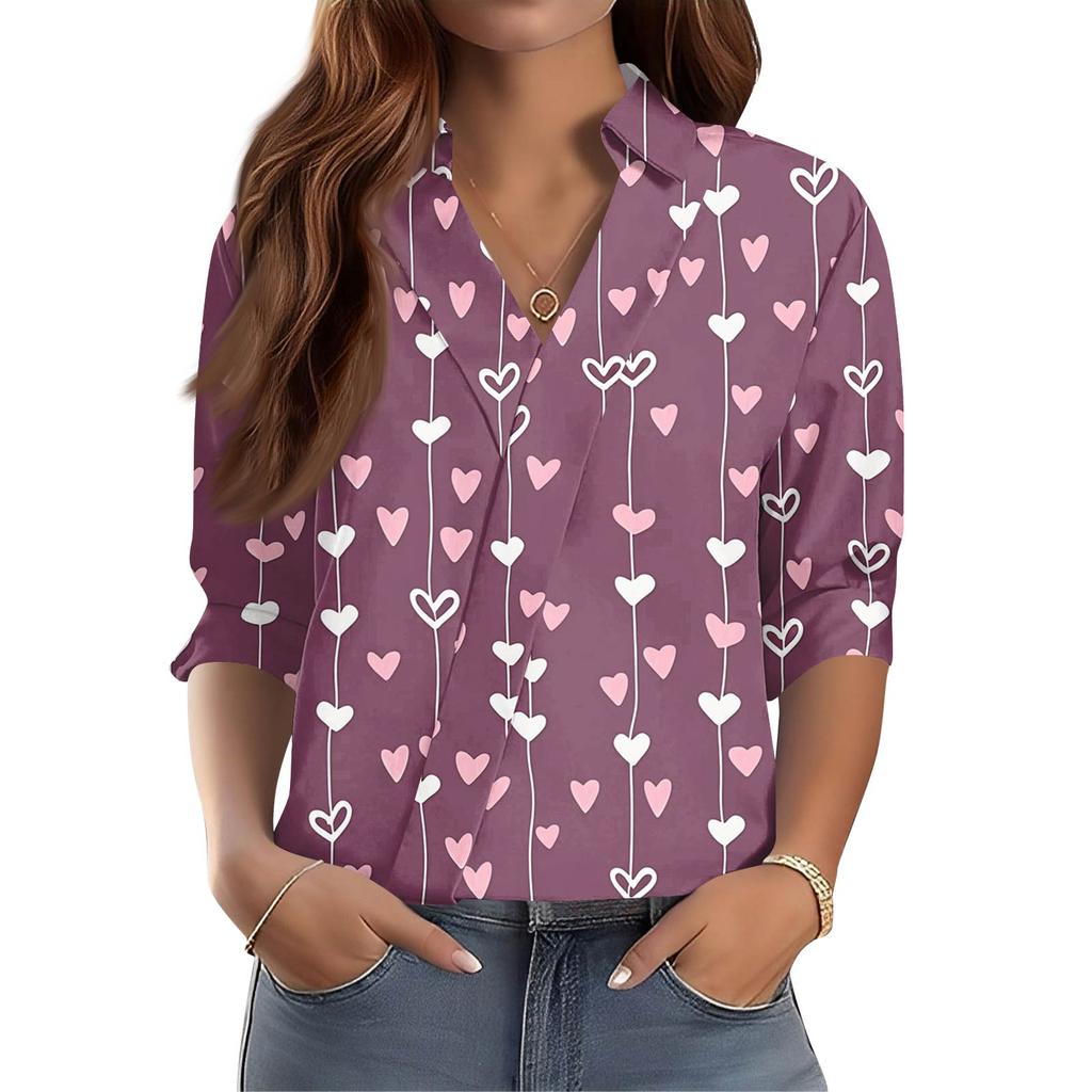 Женская рубашка с рукавом 3/4, V-образным вырезом, с принтом, рабочая одежда, повседневная, стандартного кроя, с воротником