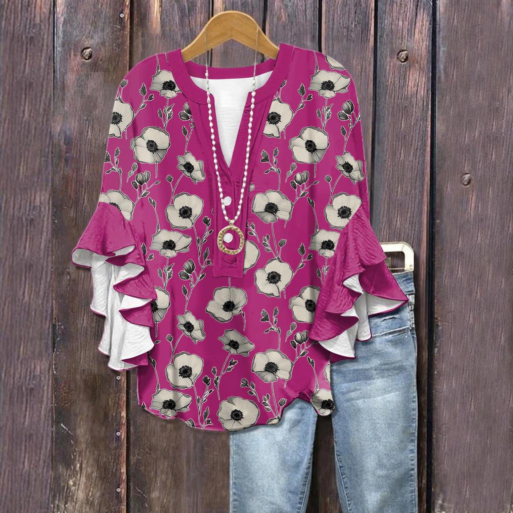 Летние топы для женщин, симпатичные блузки с V-образным вырезом и рукавом 3/4, повседневные рубашки с цветочным принтом
