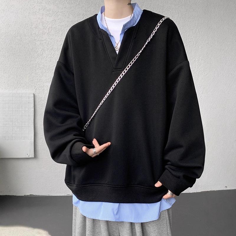 Мужской осенний свитер с V-образным вырезом, имитирующий двойку, свободного кроя, большого размера, куртка в университетском стиле