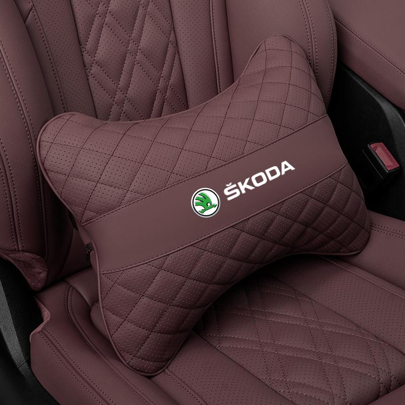 Car Leather Headrest Seat Lumbar Pillow Accessories For Skoda Octavia Mk3 Fabia Yeti Kamiq Kodiaq Karoq Rapid Vrs Superb Scala