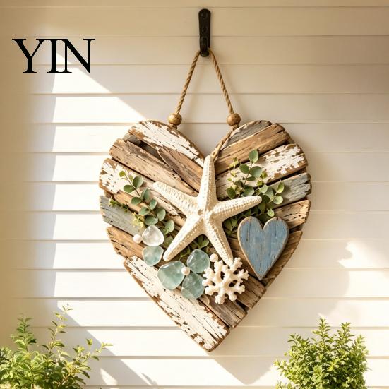 Natural Jute Rope Wall Art Rustic Coastal Heart Shape Hanging Ornament with LED Light, Distressed Farmhouse Pendant Lighted Pumpkin Decor Wood Beads &