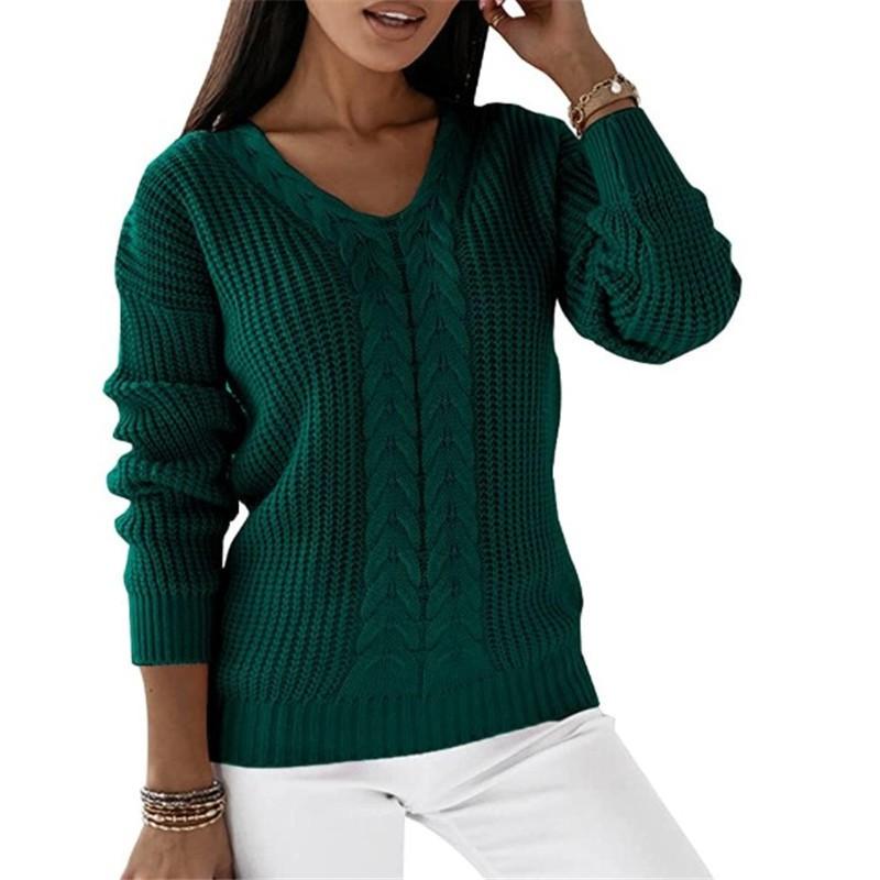 Womens V-Neck Long Sleeve Knit Sweater Pure Color Cable Stitch Casual Pullover Top
