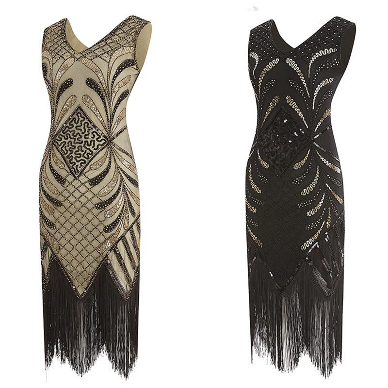 1920s Gatsby Vintage Sequin Beaded Dress with Tiara, Gloves & Necklace - 8 Piece Set