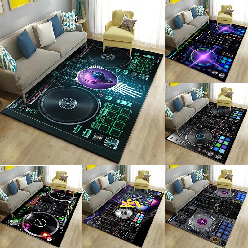 DJ Turntable Themed Large Area Rug, Colorful Mixer Console Motifs, Trendy Living Room Carpet, Varied Design Floor Cover